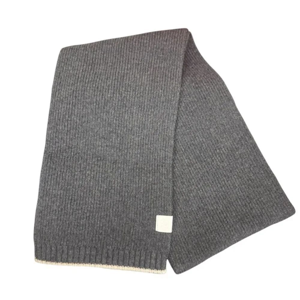 LOEWE Gray Ribbed Knit Scarf with Off White Trim Auth